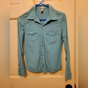 Western style blouse, blue with magenta metalic plaid